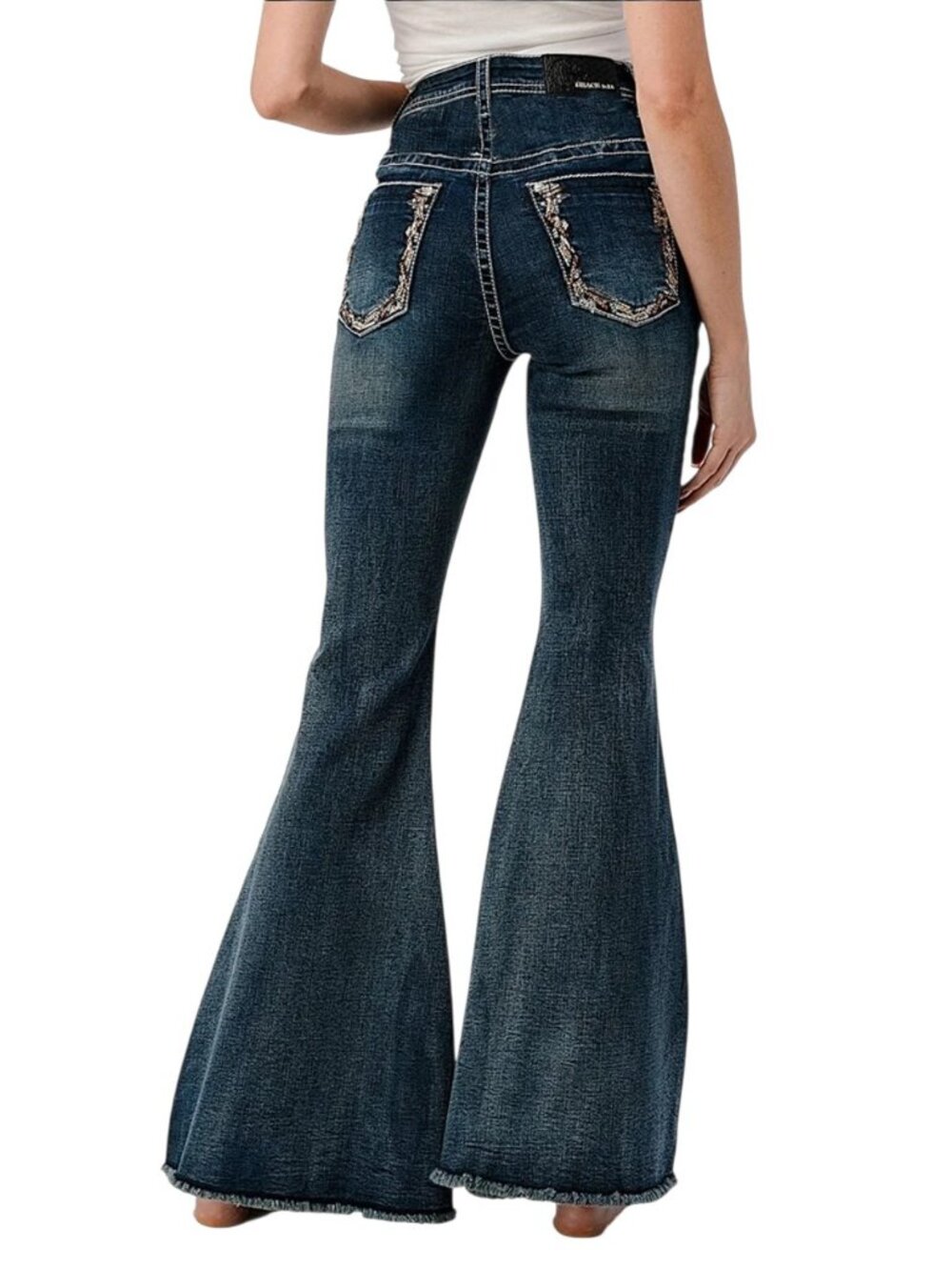 Grace in LA High Waist Super Flare Bell Bottom Embroidered Jean Frayed Hem Sz 33